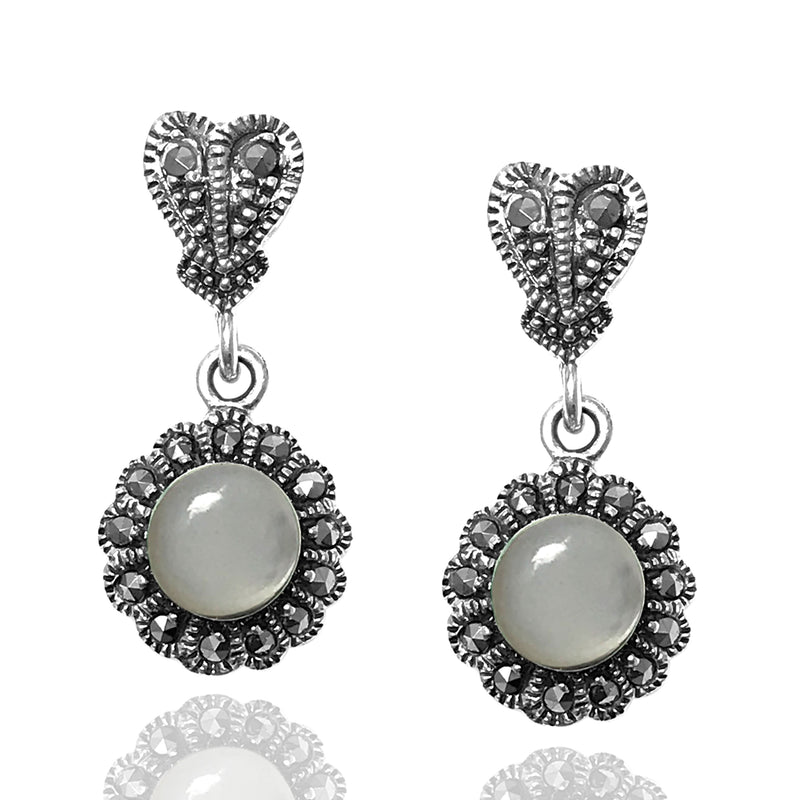 Floral Model Silver Earrings With Mother of Pearl and Marcasite (NG201012476)