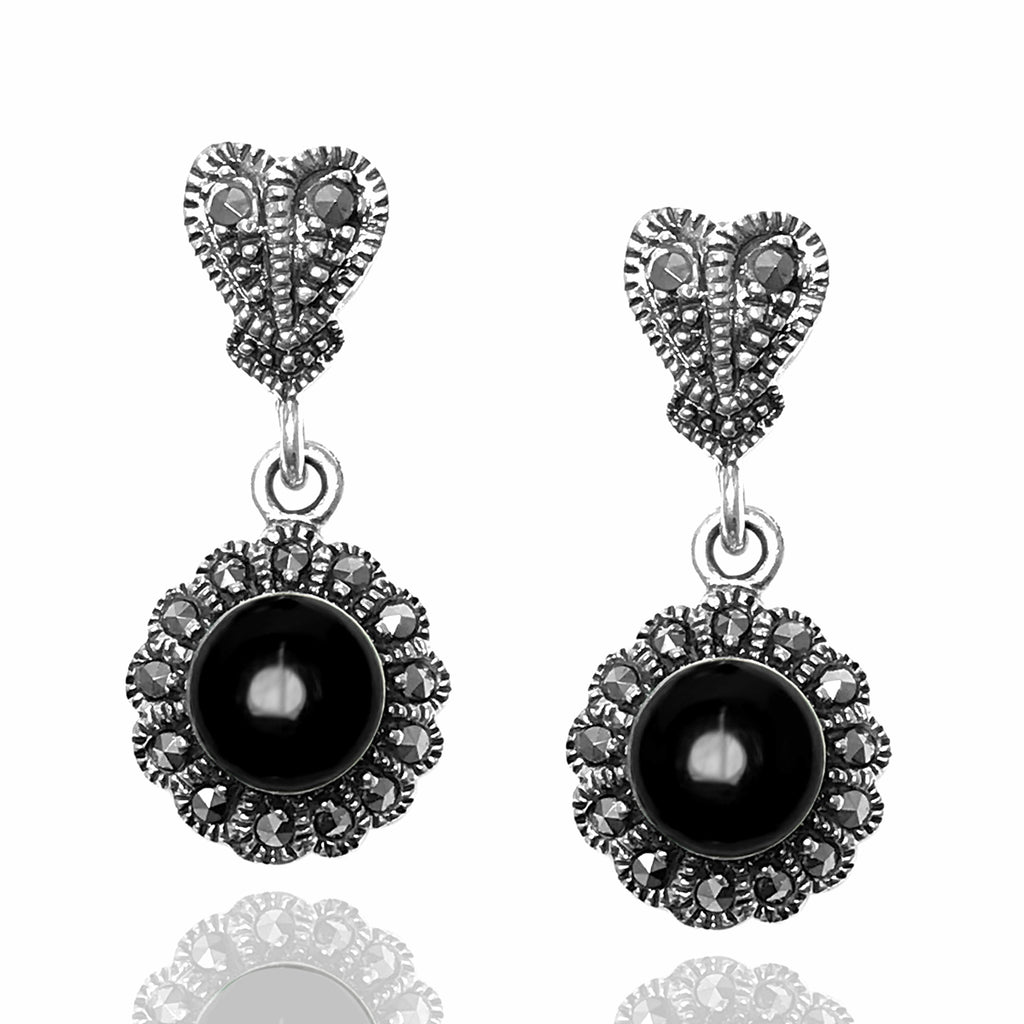 Floral Model Silver Earrings With Onyx and Marcasite (NG201012477)