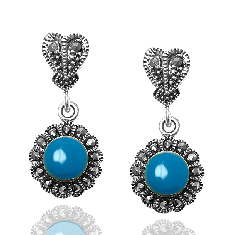 Floral Model Silver Earrings With Turquoise and Marcasite (NG201012478)