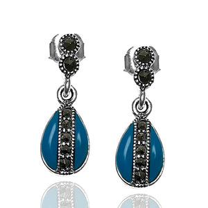 Drop Model Silver Earrings With Turquoise and Marcasite (NG201012479)