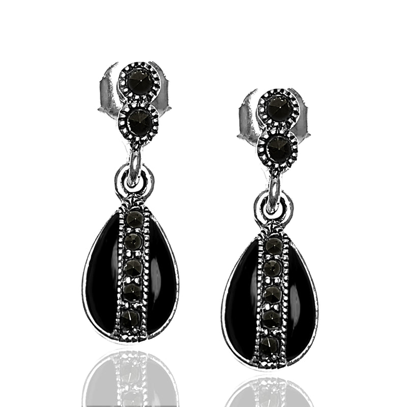Drop Model Silver Earrings With Onyx and Marcasite (NG201012480)