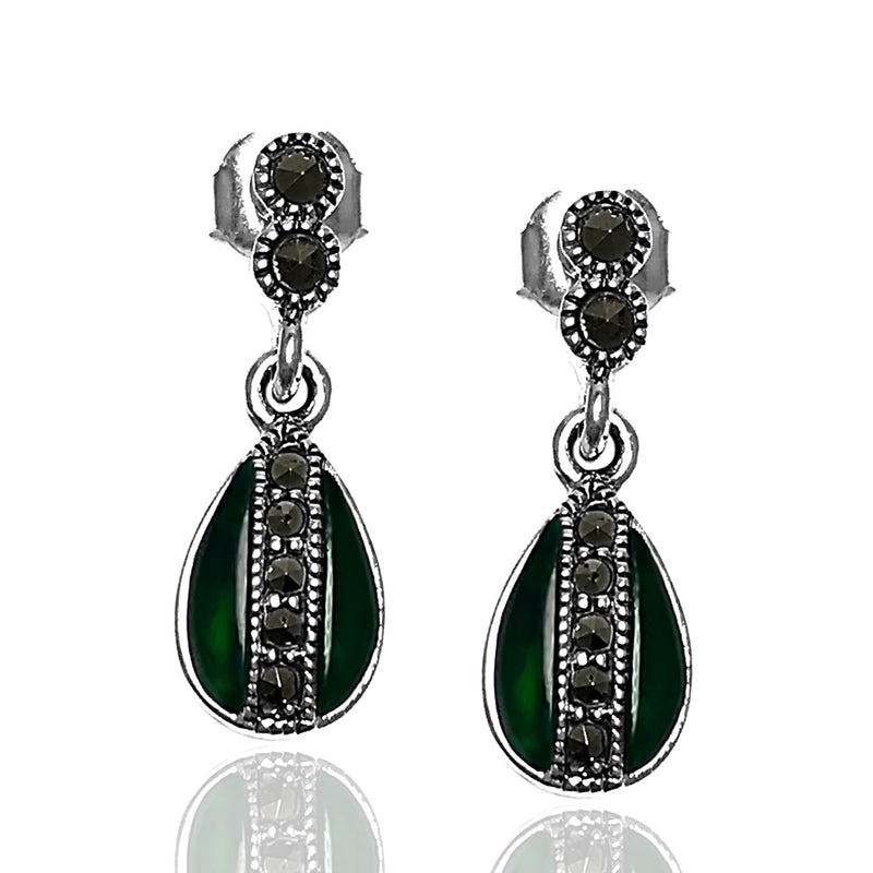 Drop Model Silver Earrings With Emerald and Marcasite (NG201012483)