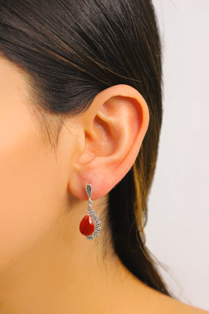 Drop Model Silver Earrings With Agate and Marcasite (NG201012485)