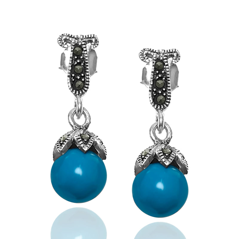 Ball Model Silver Earrings With Turquoise and Marcasite (NG201012489)
