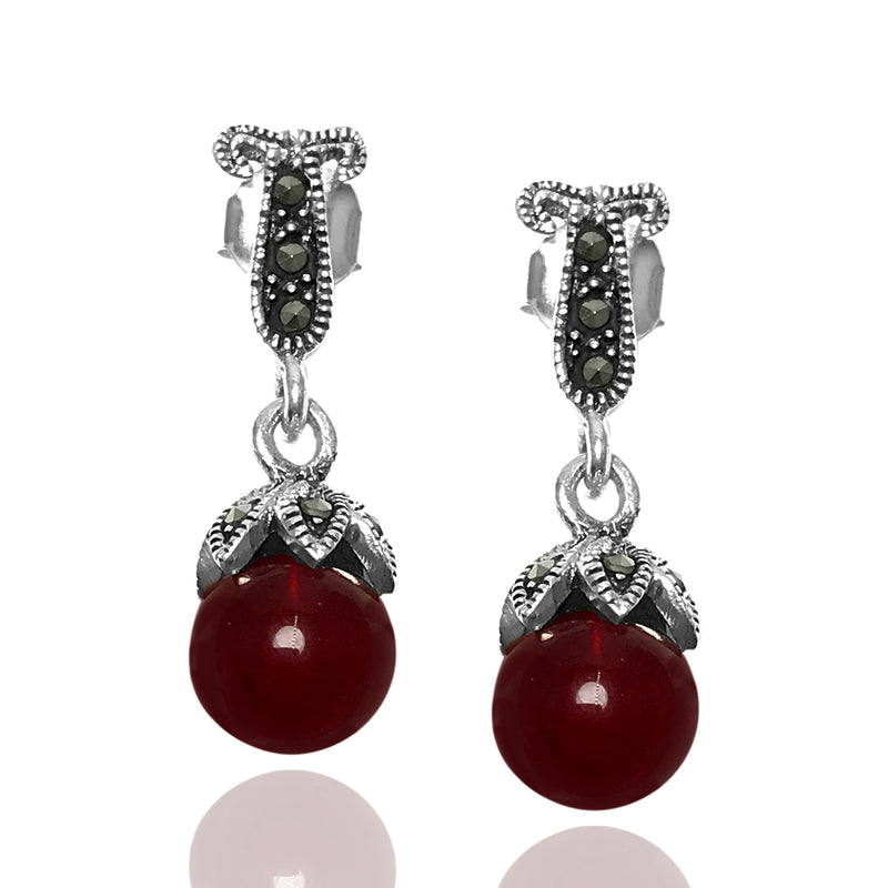 Ball Model Silver Earrings With Agate and Marcasite (NG201012492)