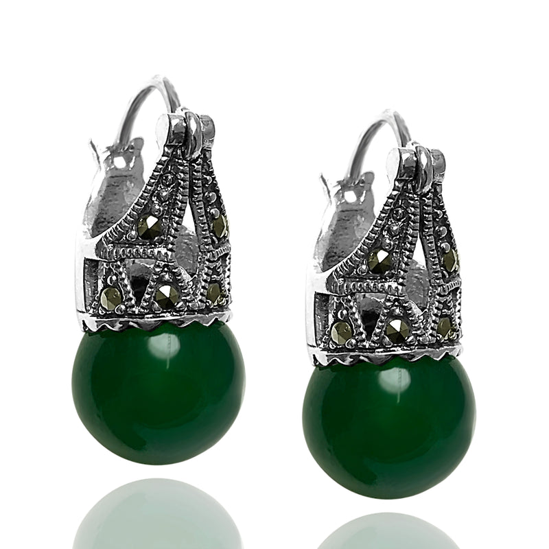 Ball Model Silver Earrings With Emerald and Marcasite (NG201012494)