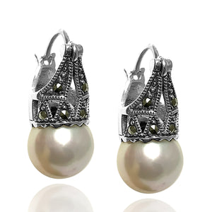 Ball Model Silver Earrings With Mother of Pearl and Marcasite (NG201012496)
