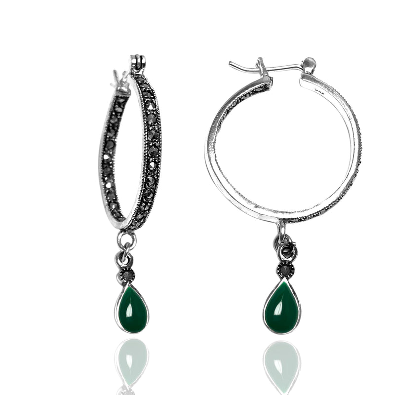 Hoop Model Silver Earrings With Emerald and Marcasite (NG201012499)
