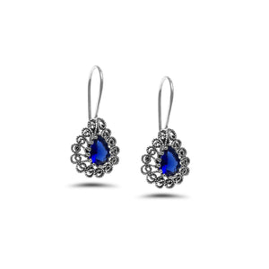 Drop Model Handmade Filigree Silver Earrings With Sapphire (NG201012943)