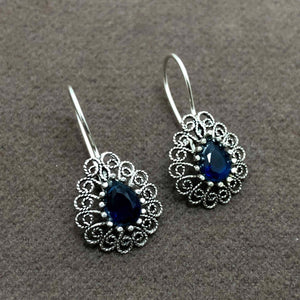 Drop Model Handmade Filigree Silver Earrings With Sapphire (NG201012943)