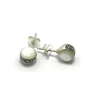 Round Model Silver Earrings With Mother of Pearl and Marcasite (NG201014099)