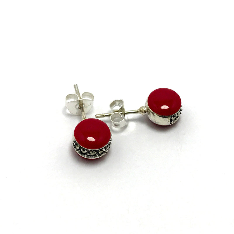 Round Model Silver Earrings With Agate and Marcasite (NG201014102)