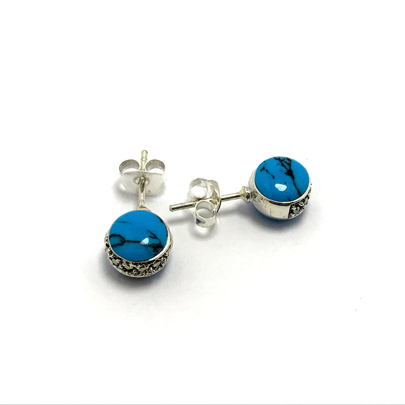 Round Model Silver Earrings With Turquoise and Marcasite (NG201014104)