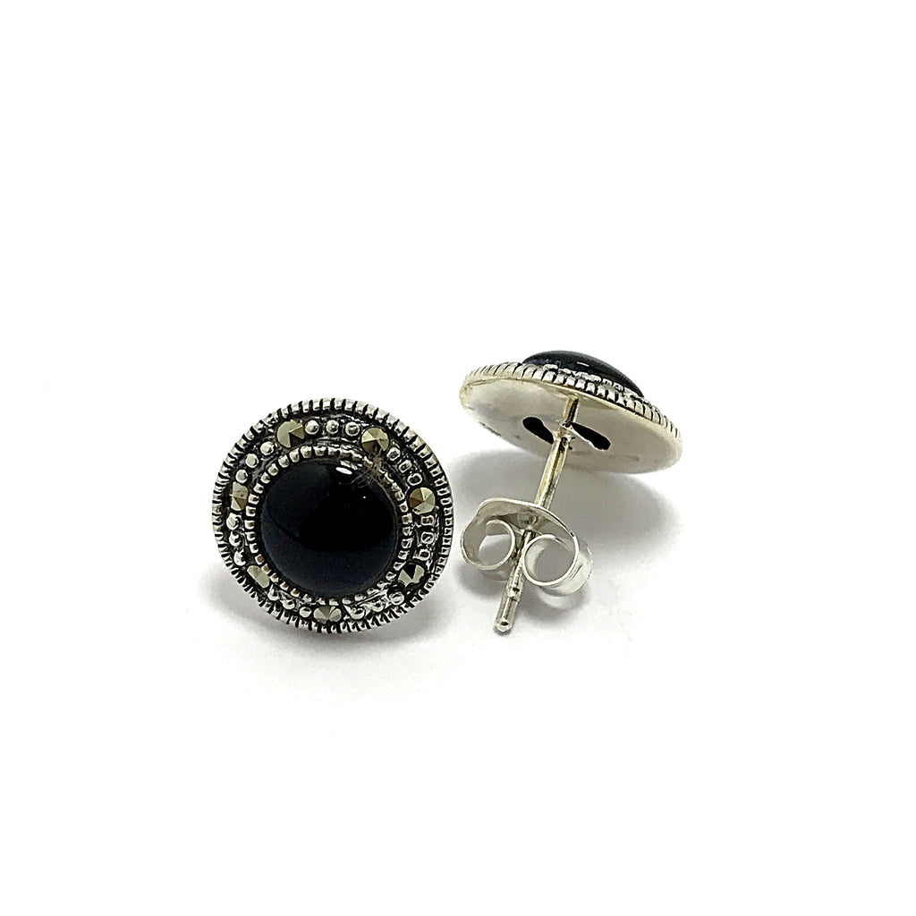 Round Model Silver Earrings With Onyx and Marcasite (NG201014106)