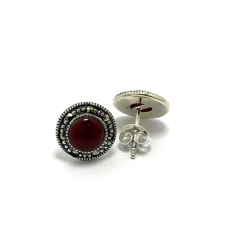 Round Model Silver Earrings With Agate and Marcasite (NG201014107)