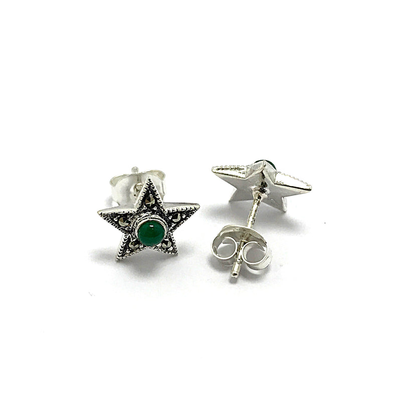 Star Model Silver Earrings With Agate and Marcasite (NG201014112)