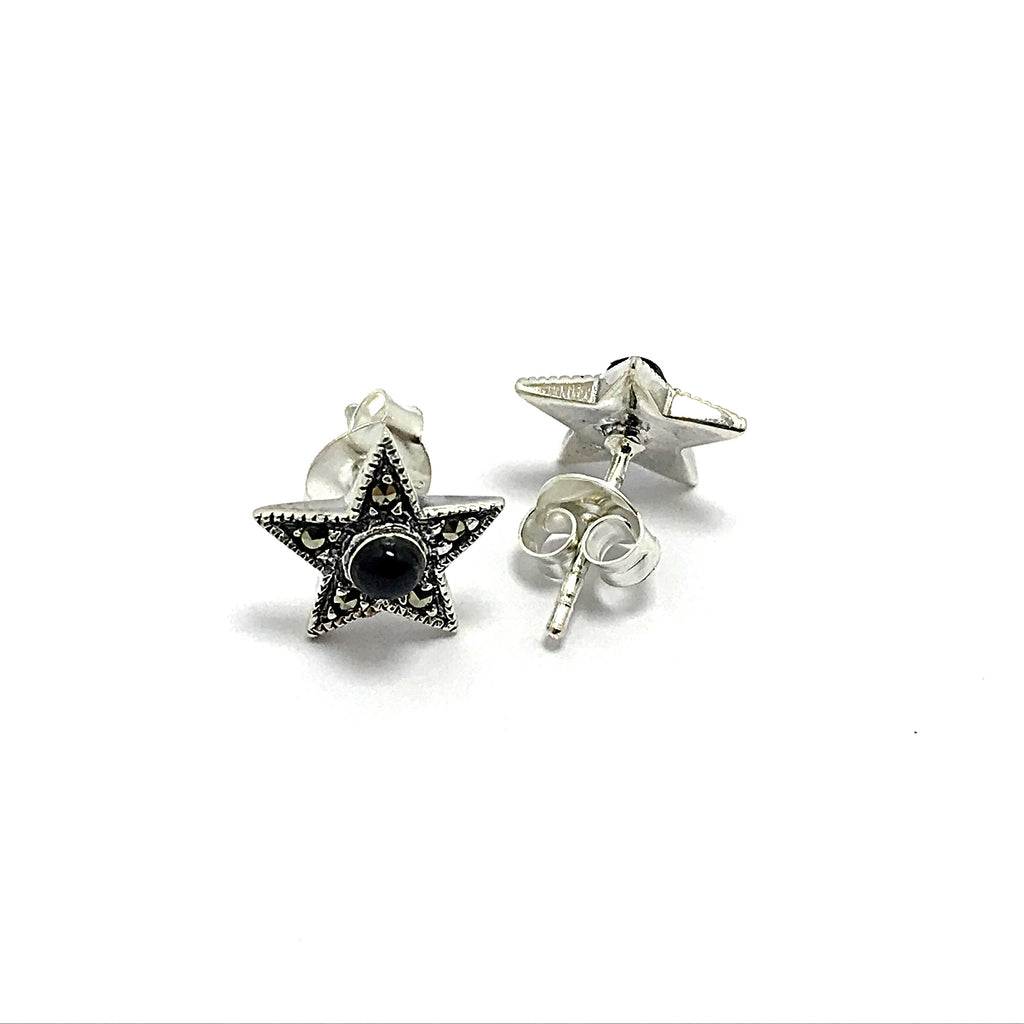 Star Model Silver Earrings With Onyx and Marcasite (NG201014113)