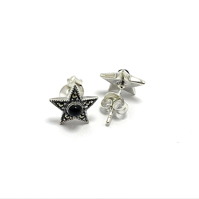 Star Model Silver Earrings With Onyx and Marcasite (NG201014113)