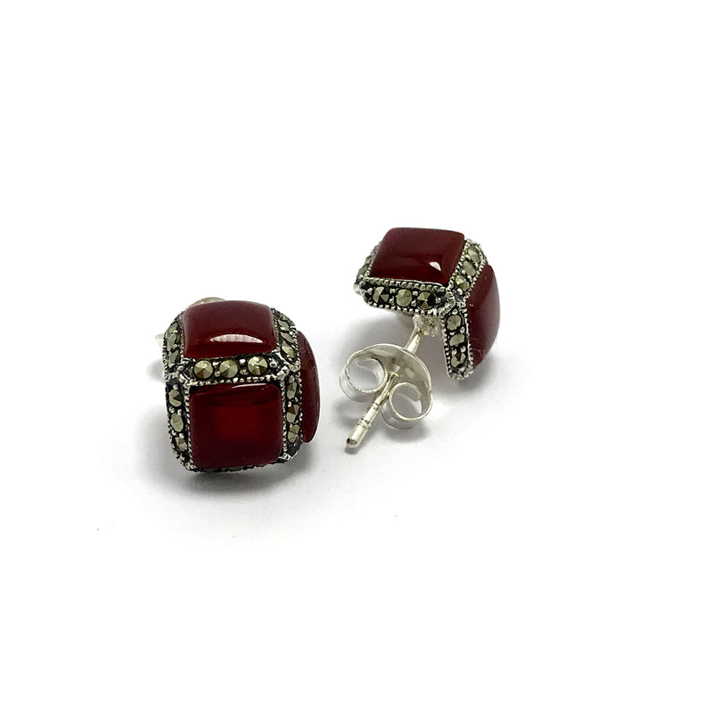 Cube Model Silver Earrings With Agate and Marcasite (NG201014176)