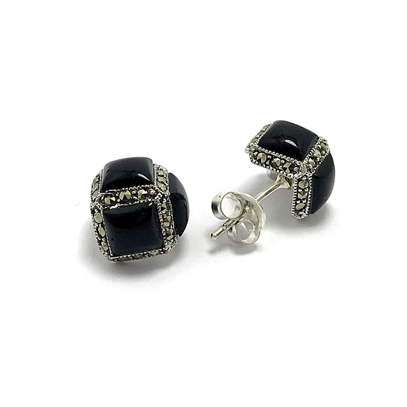 Cube Model Silver Earrings With Onyx and Marcasite (NG201014177)
