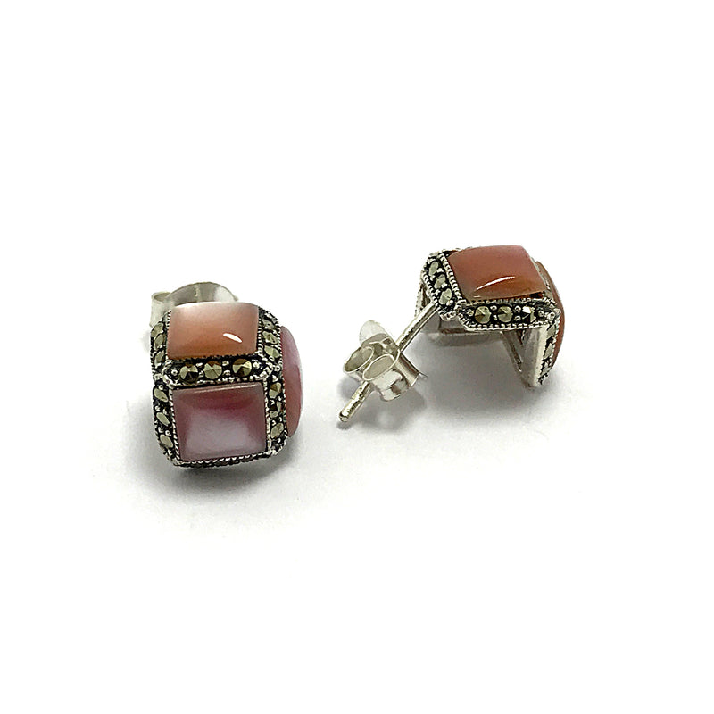 Cube Model Silver Earrings With Cat's Eye and Marcasite (NG201014178)