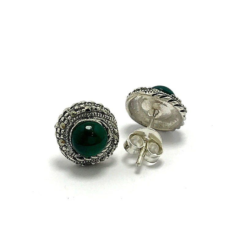 Round Model Silver Earrings With Agate and Marcasite (NG201014181)
