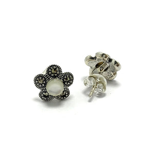Floral Model Silver Earrings With Mother of Pearl and Marcasite (NG201014189)
