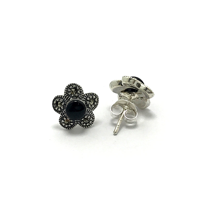 Floral Model Silver Earrings With Onyx and Marcasite (NG201014191)