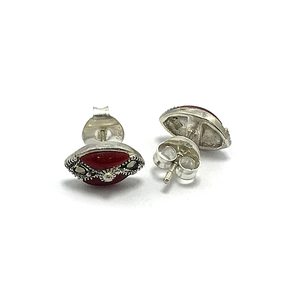 Oval Model Silver Earrings With Agate and Marcasite (NG201014198)