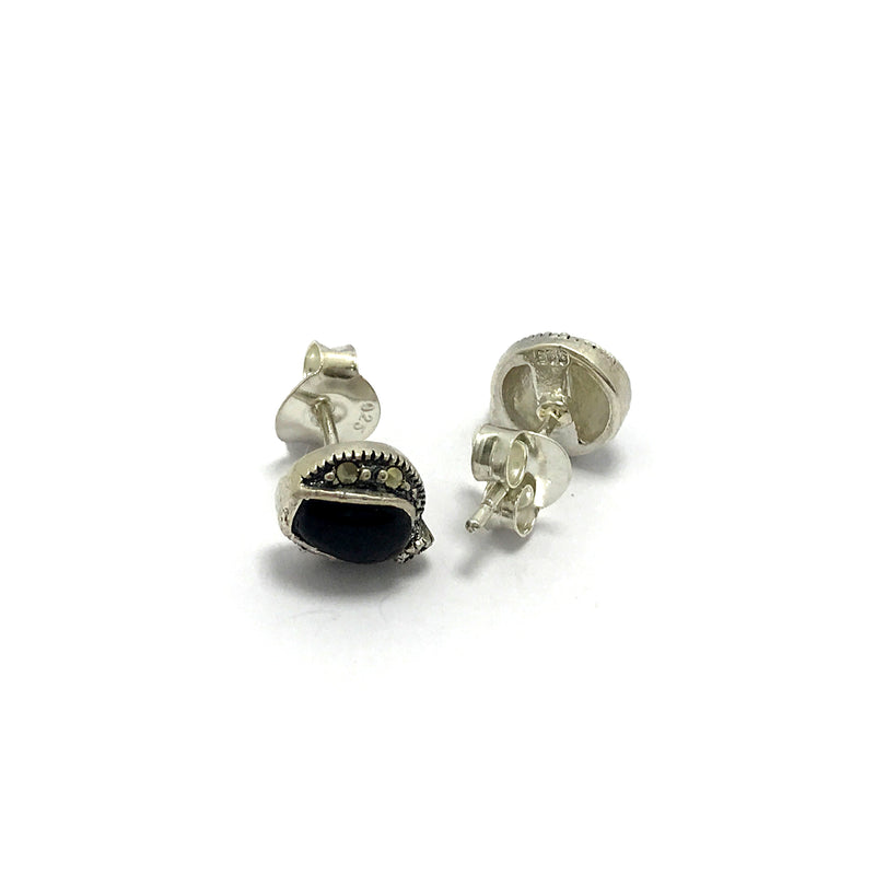 Ball Model Silver Earrings With Onyx and Marcasite (NG201014201)