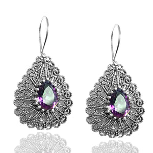 Drop Model Handmade Filigree Silver Earrings With Topaz (NG201014837)