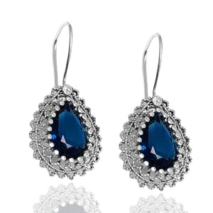 Drop Model Handmade Filigree Silver Earrings With Sapphire (NG201014844)