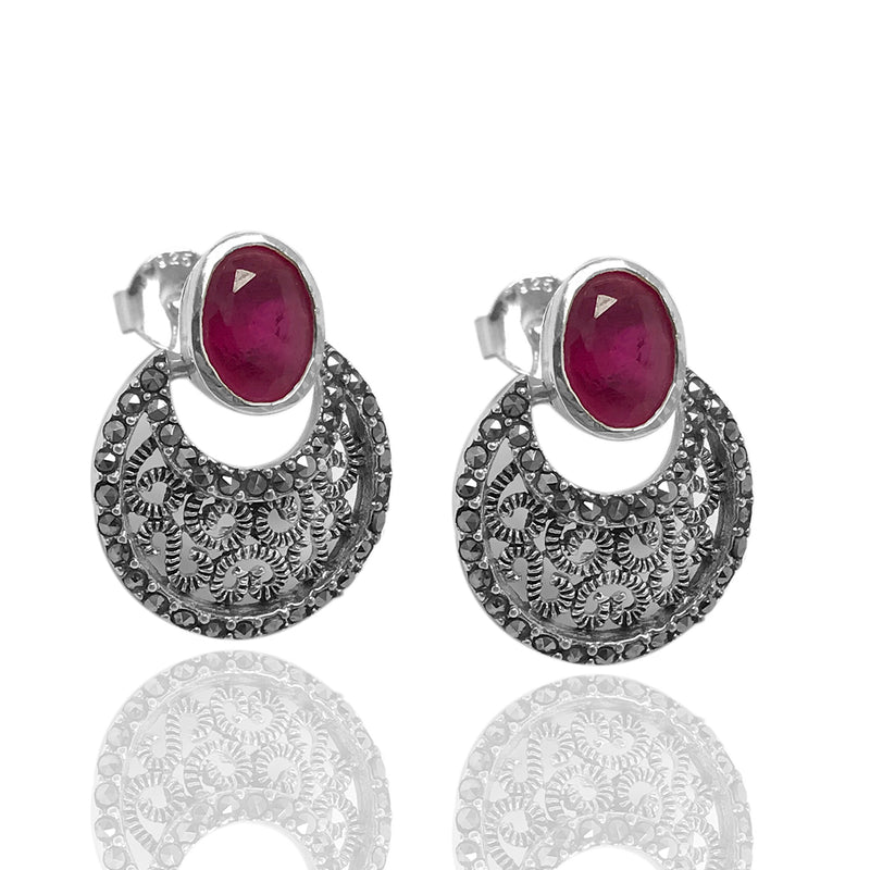 Authentic Silver Earrings With Ruby and Marcasite (NG201015081)