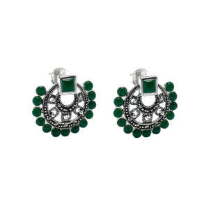 Ethnic Silver Earrings With Emerald and Marcasite (NG201015090)