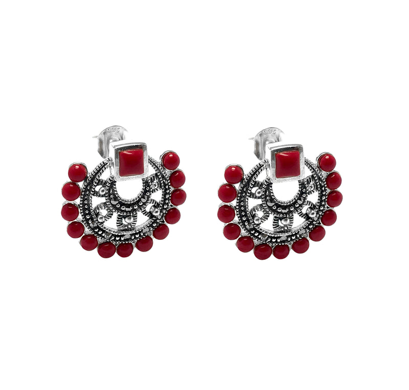 Ethnic Silver Earrings With Coral and Marcasite (NG201015092)
