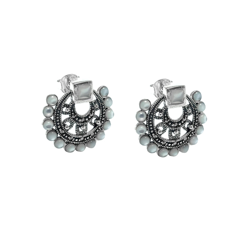Ethnic Silver Earrings With Mother of Pearl and Marcasite (NG201015094)