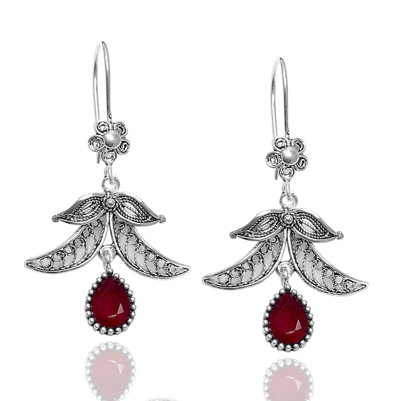 Floral Model Handmade Filigree Silver Earrings With Ruby (NG201015251)