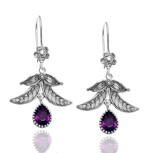 Floral Model Handmade Filigree Silver Earrings With Amethyst (NG201015253)