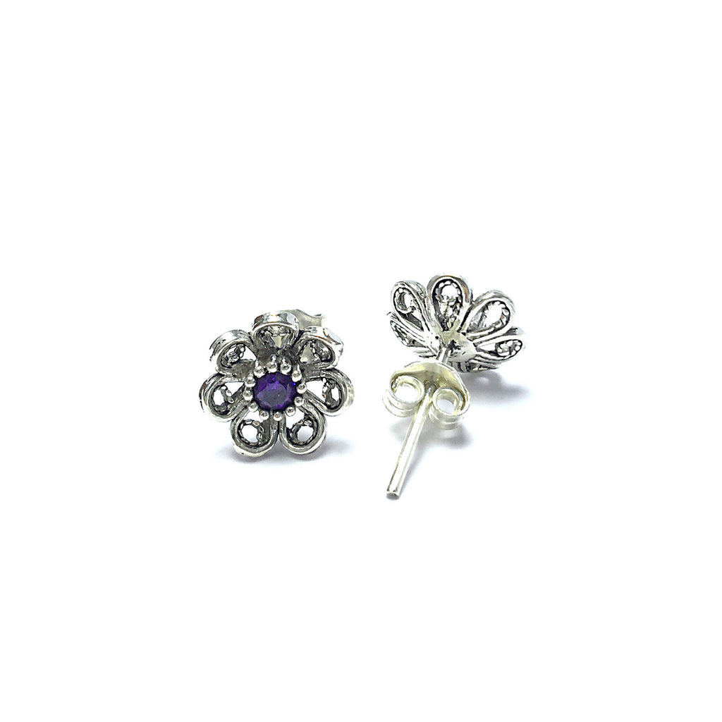 Floral Model Filigree Handmade Silver Earrings With Amethyst (NG201015805)