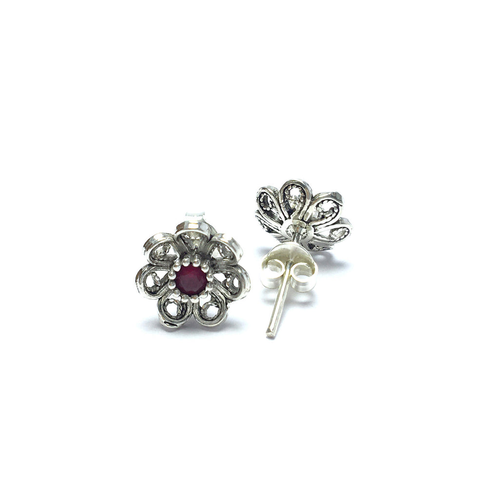 Floral Model Filigree Handmade Silver Earrings With Ruby (NG201015806)