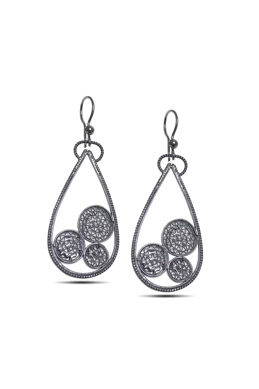 Drop Model Oxidized Filigree Silver Earrings (NG201017324)