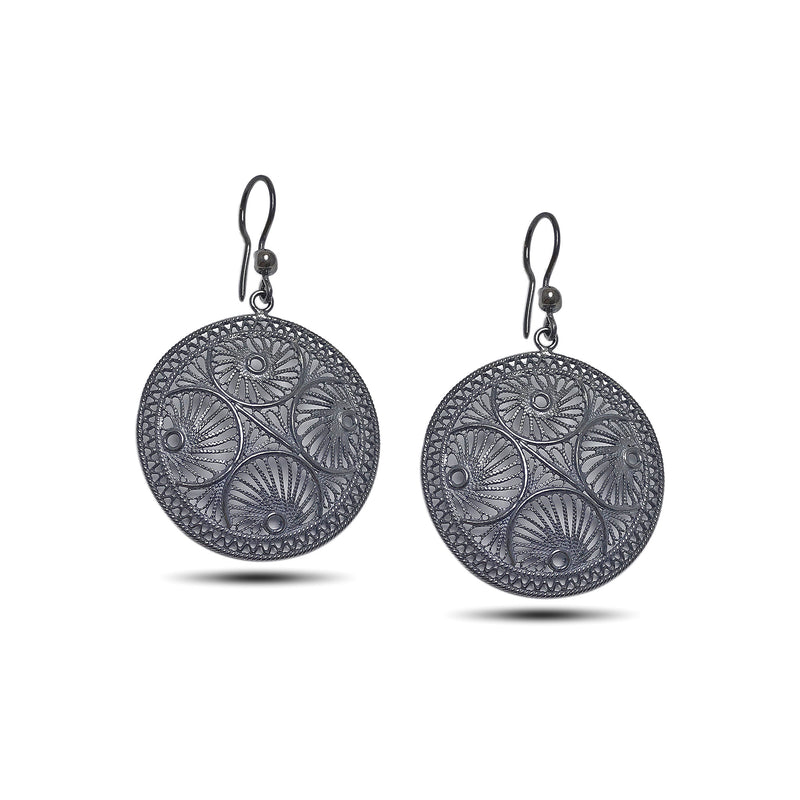Round Model Oxidized Filigree Silver Earrings (NG201017332)