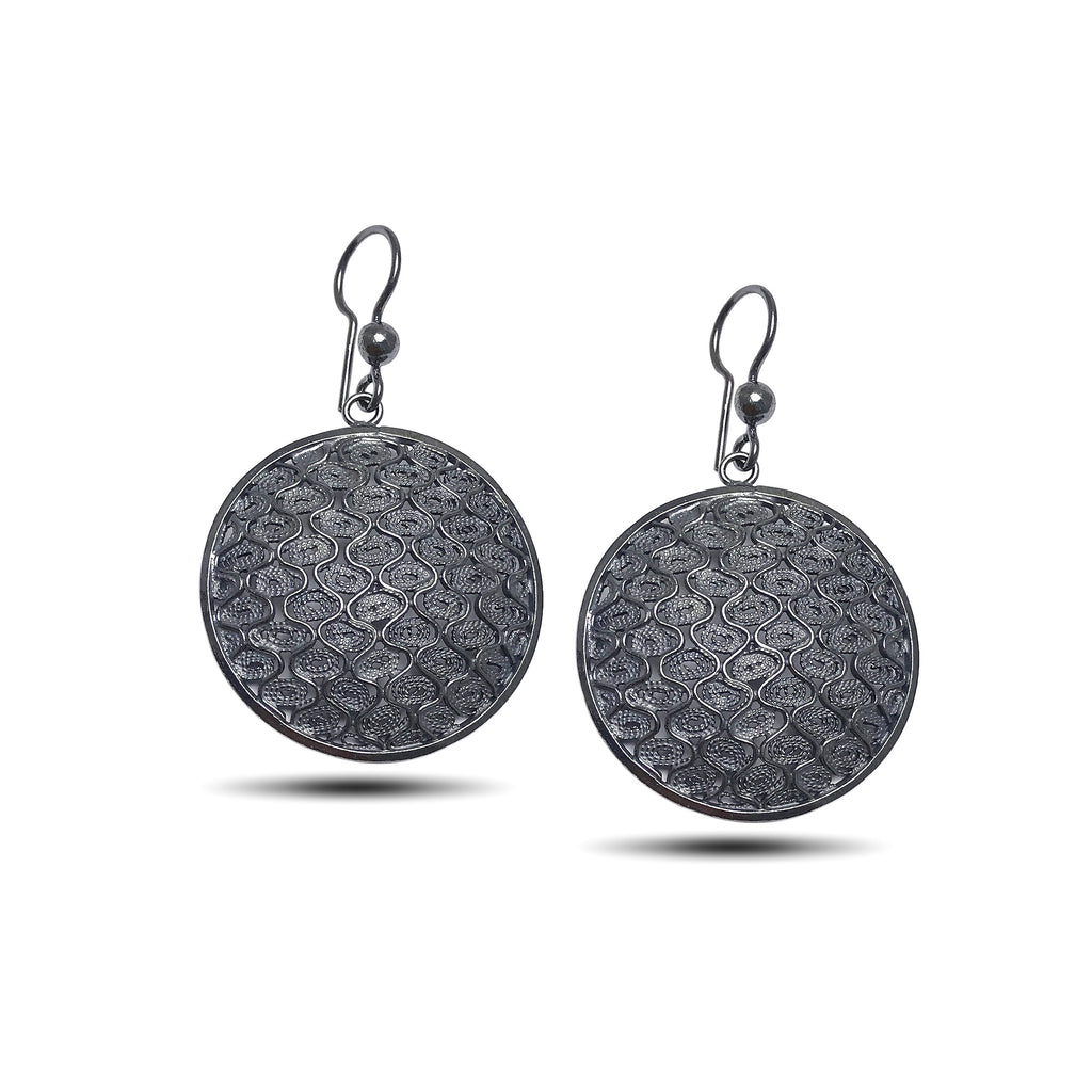 Round Model Oxidized Filigree Silver Earrings (NG201017333)