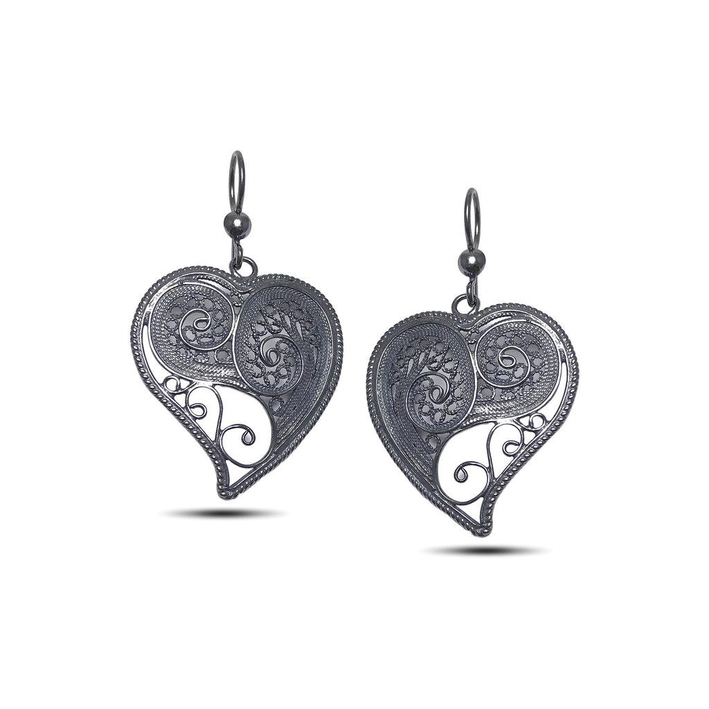 Heart Model Oxidized Filigree Silver Earrings (NG201017334)