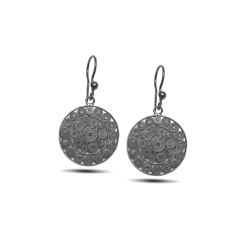 Round Model Oxidized Filigree Silver Earrings (NG201017335)