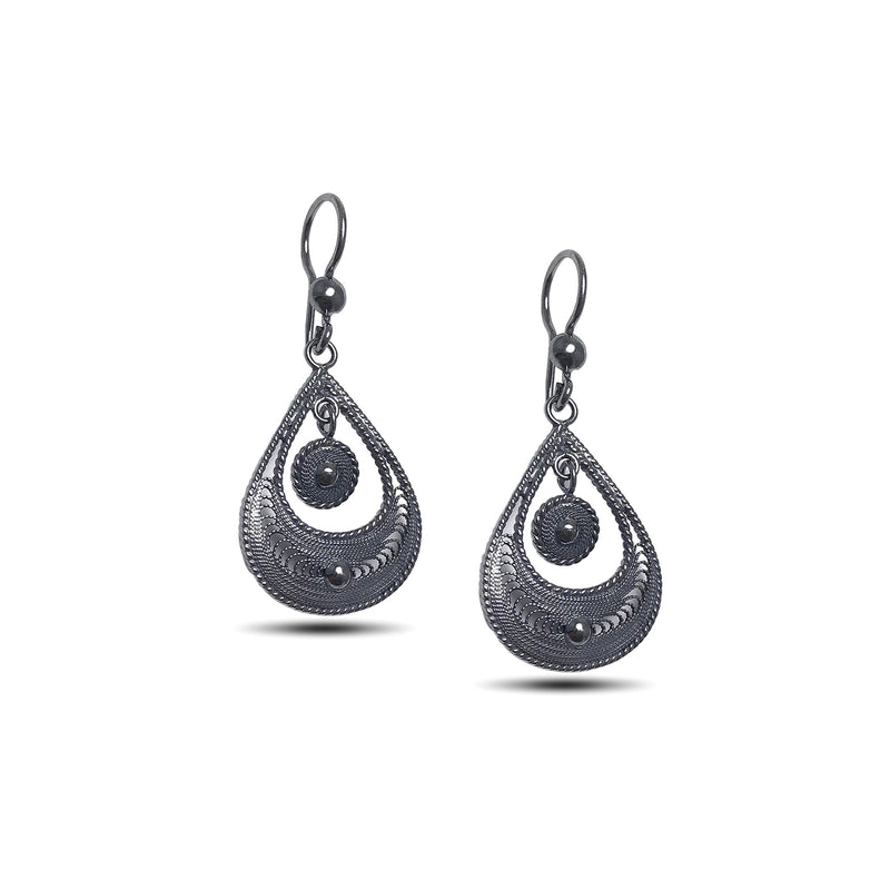 Drop Model Oxidized Filigree Silver Earrings (NG201017340)