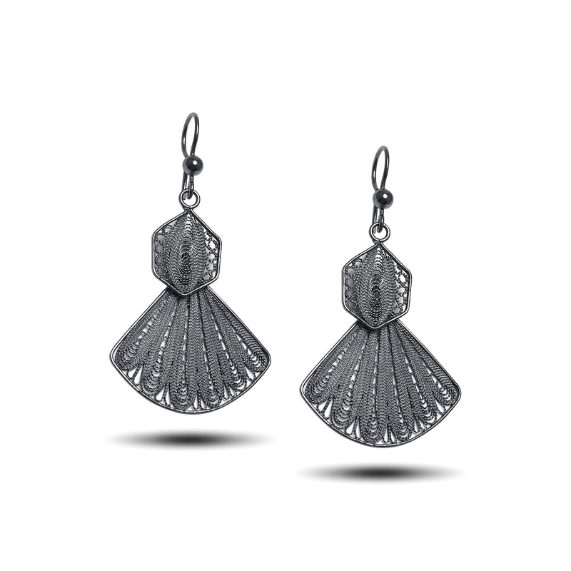 Fan Model Oxidized Filigree Silver Earrings (NG201017343)