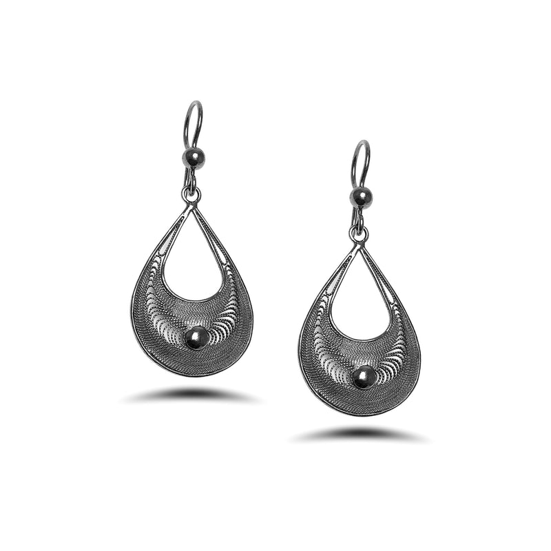 Drop Model Oxidized Filigree Silver Earrings (NG201017344)