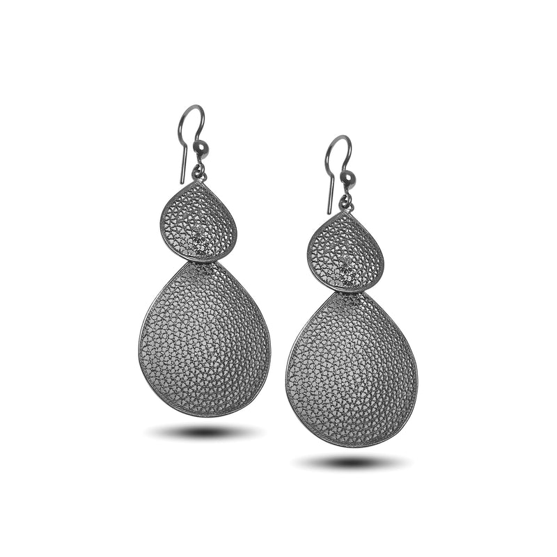 Drop Model Oxidized Filigree Silver Earrings (NG201017346)