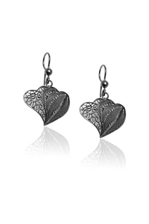 Heart Model Oxidized Filigree Silver Earrings (NG201017362)